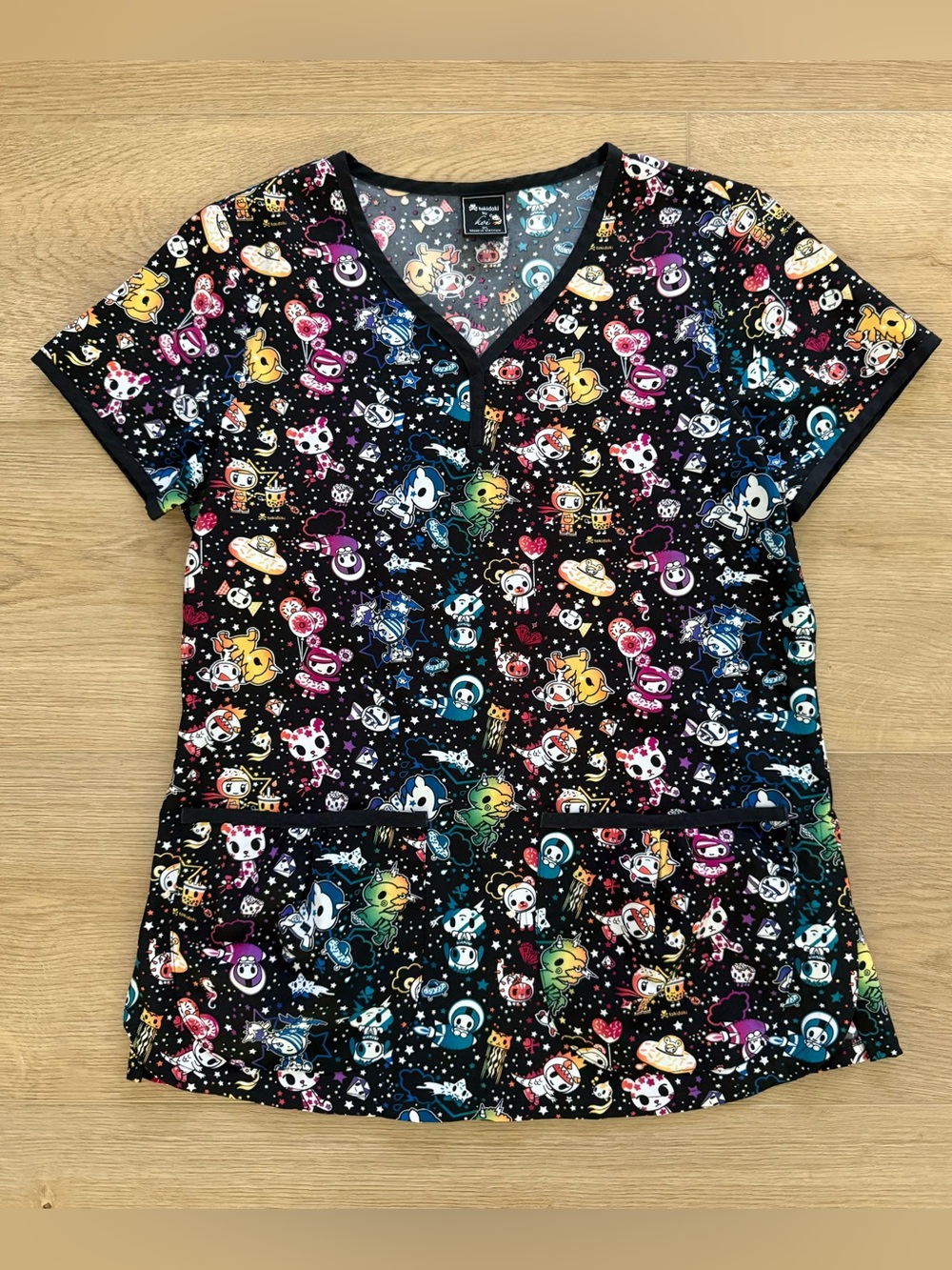Tokidoki by Koi Unicorn Scrub Top XS Character Space Print Black